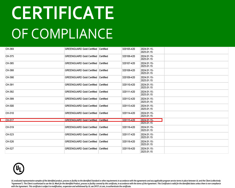 Chứng nhận chất lượng: UL GREEN GUARD GOLD