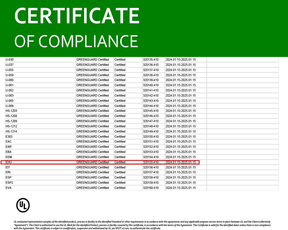 Chứng nhận chất lượng: UL GREEN GUARD GOLD