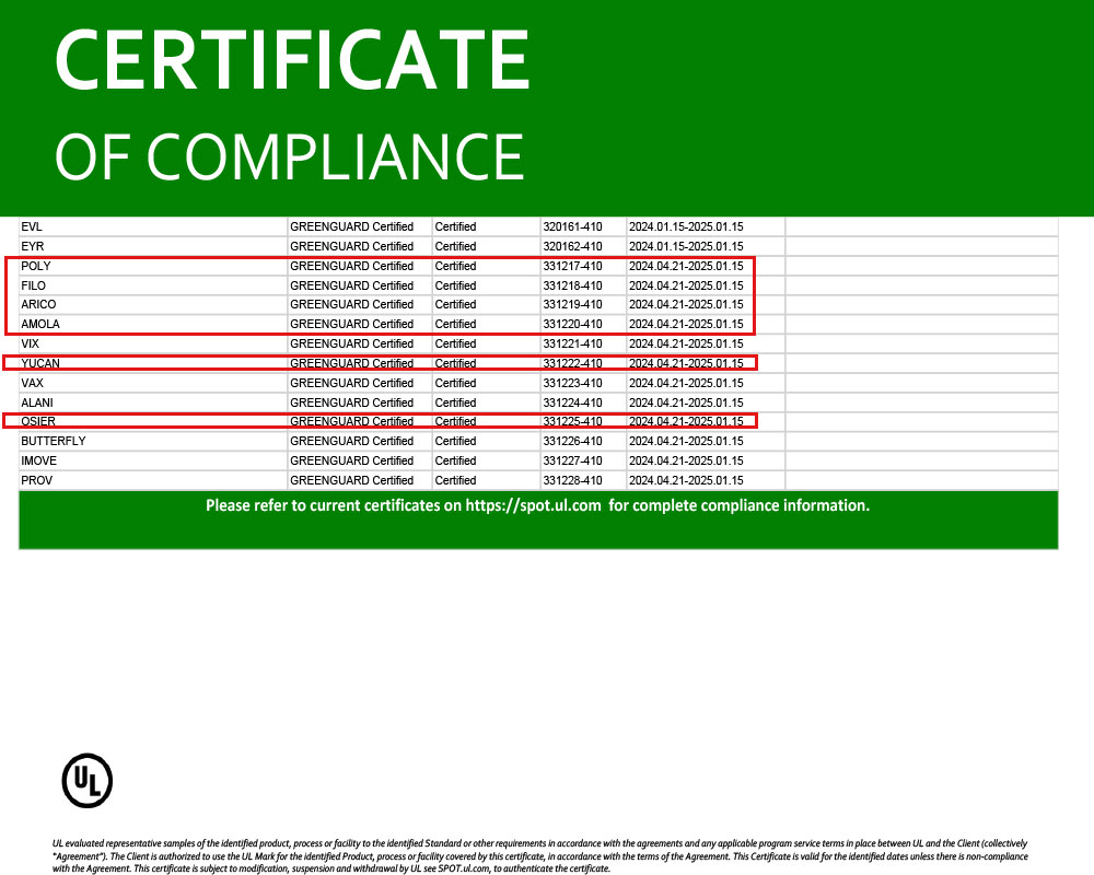 Chứng nhận chất lượng: UL GREEN GUARD GOLD