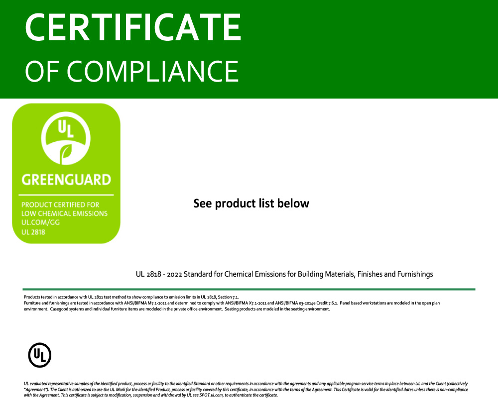 Chứng nhận chất lượng: UL GREEN GUARD GOLD